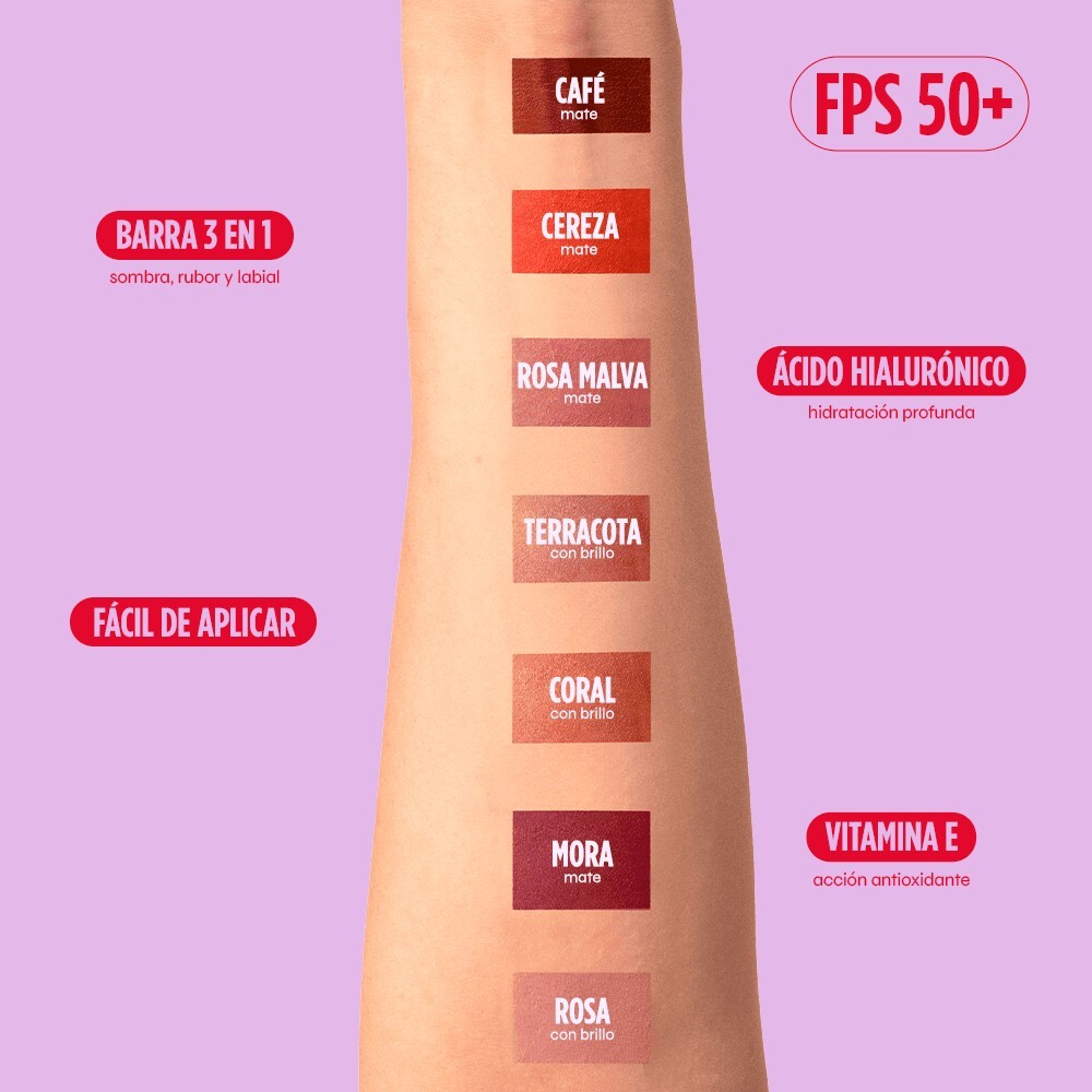 BARRA 3 EN 1 RUBOR, LABIAL Y SOMBRA FPS 50+ (BARRA MULTIUSOS CON PROTECTOR)